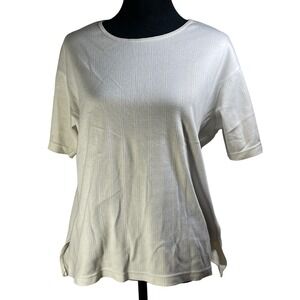 Mountain Lake Womens L Ribbed Knit Shirt Top Cream Short Sleeve Side Slits vtg
